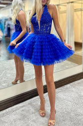 A-Line Halter Silver Lace Homecoming Dress Layered Applique